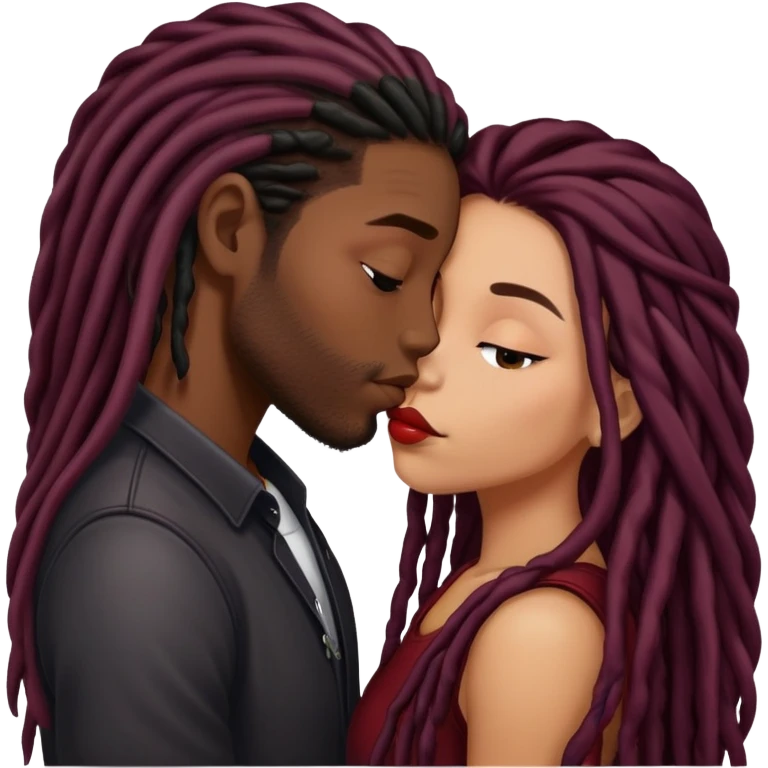 Dark Wine colored hair Latina long hair, kissing young black guy with dreads emoji