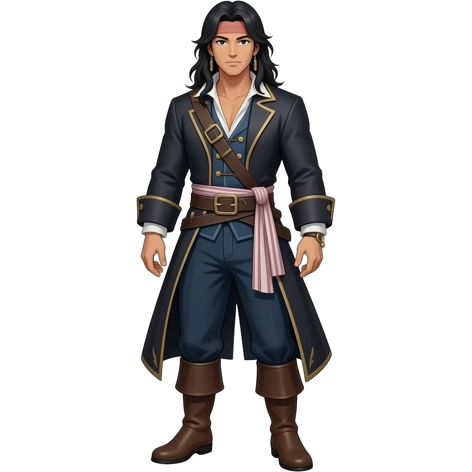 Anime male pirate brown skin dark pirate cost pirate dark blue pants and brown boots long black hair very tall full body emoji