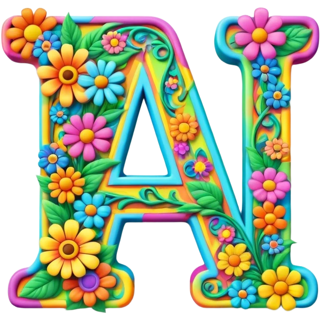 3D style, psychedelic colored Letter A with hippie style flower border emoji