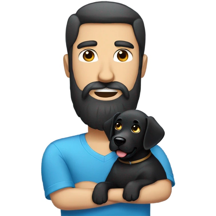 man black hair blue eyes beard and mustache holding black Labrador  emoji