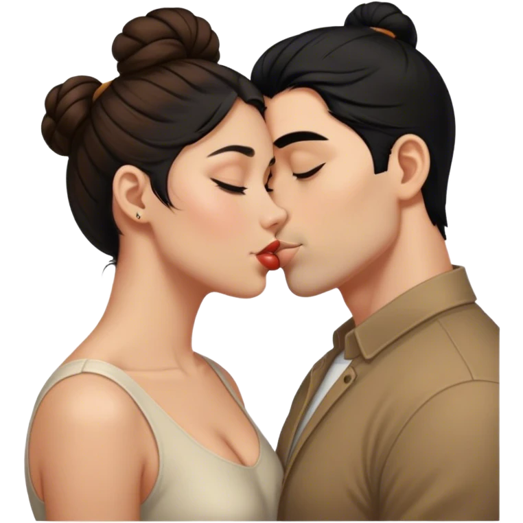 Man with black hair bun kissing woman with long brown hair emoji
