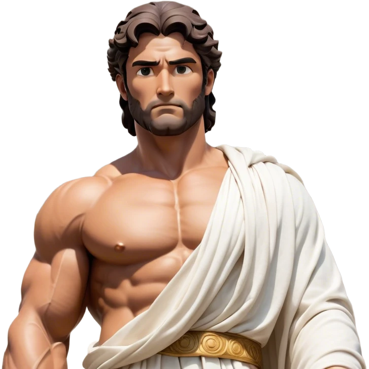 Cinematic Realistic Hercules Portrait, depicted as a classical Greek statue with a robust, muscular build and perfectly chiseled features. His bronze, sun-kissed skin has a timeless, marble-like quality, and his thick, wavy dark hair frames a face exuding determination and quiet nobility. Draped in a flowing white robe with subtle golden accents, the portrait is rendered under dynamic natural lighting that highlights every sculpted detail and evokes the majesty of ancient myth. emoji