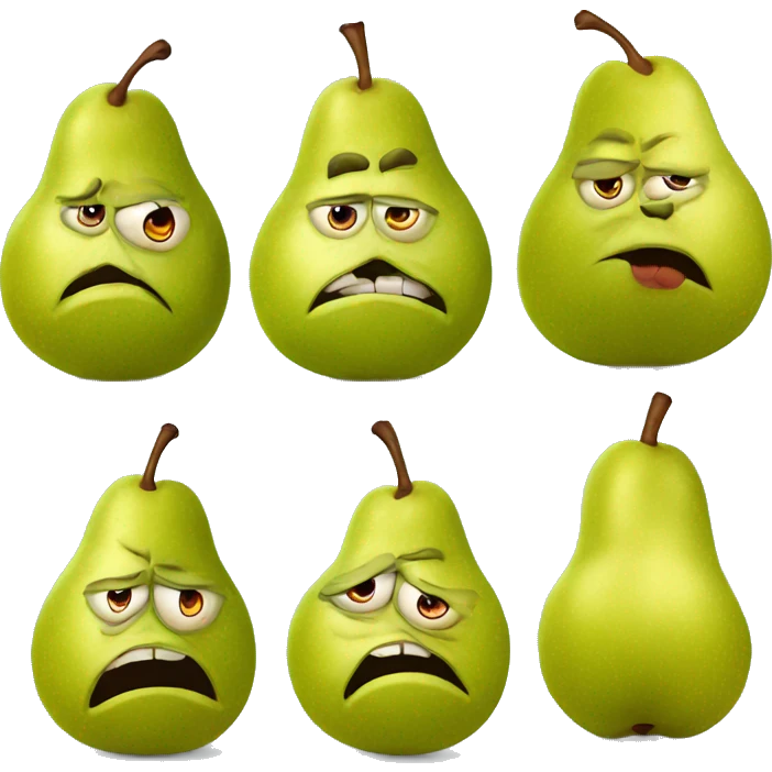 old grumpy pear, fruit with funny ugly face with wrinkles and big belly emoji