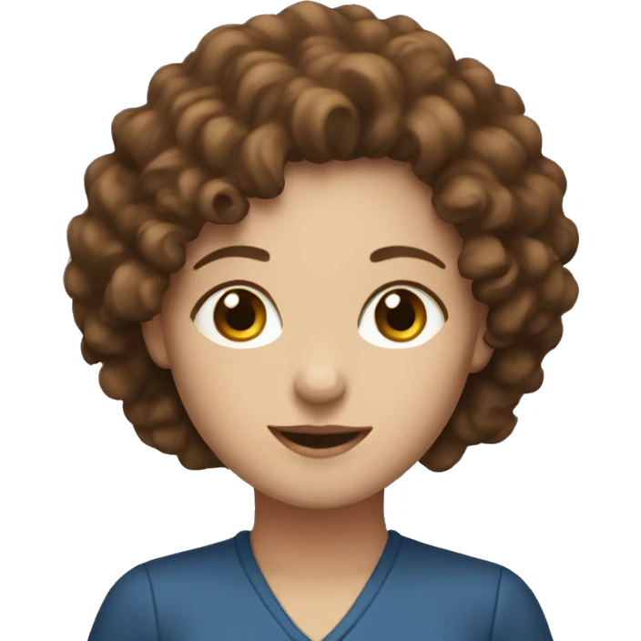 White women with the brown curly hair and blue eyes work at the laptop  emoji
