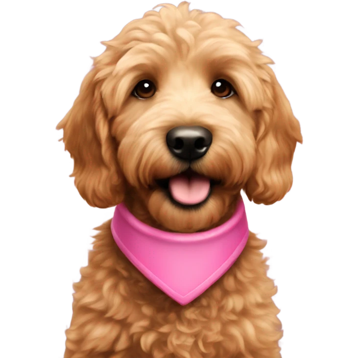 Mini brown female golden doodle with pink collar giving kiss emoji