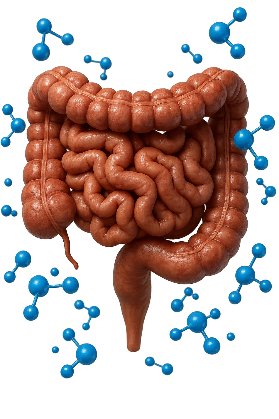 INTESTINO UMANO ANATOMICO CON MOLECOLE CHIMICHE BLU IN 3D CHE GLI FLUTTUANO INTORNO, IPERREALISTICO 4K emoji