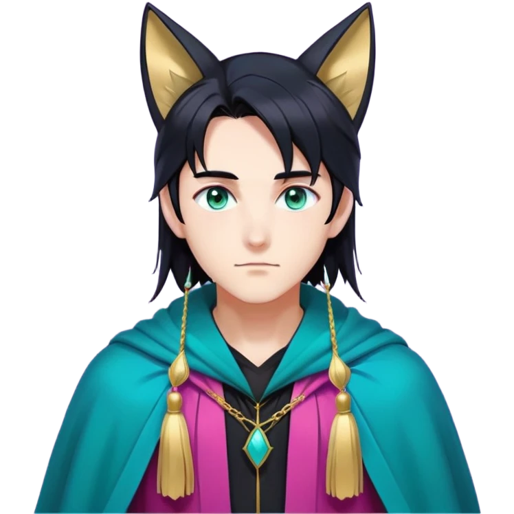 anime man with long-straight-dark-black hair, long black fox ears with pink Scapha, colorful-gradient-brown-turquoise eyes, gold earring, dark-blue-sweater, green cape behind, white pupils, turquoise tassel emoji