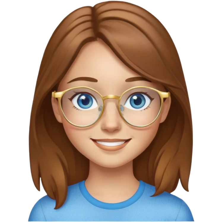 Girl with light skin, brown hair, blue eyes, freckles, and gold glasses smiling emoji