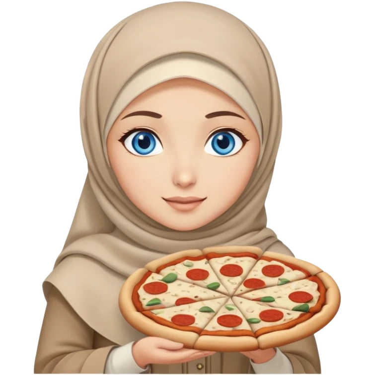 Turkish beautiful finish Konya girl blue eyes with beige hijab islamic dress and had on her hand pizza emoji
