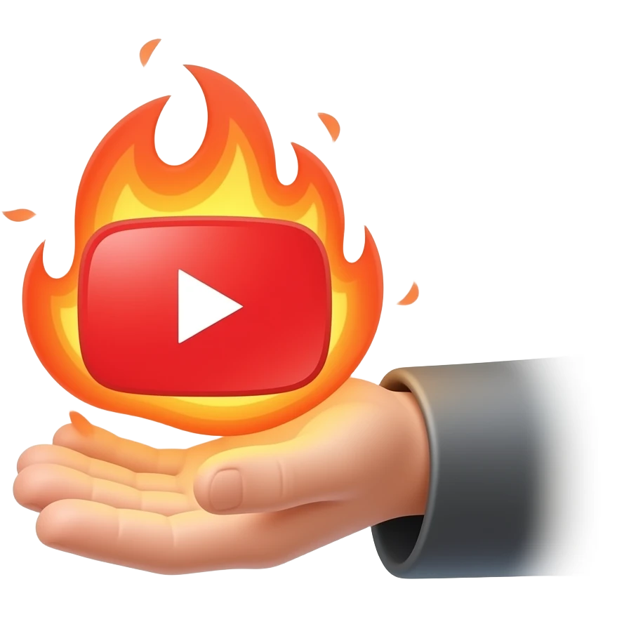 A wizard’s hand holding a glowing, magical YouTube logo like a fire spell. Texts bellow: "DO YOU WANT CONTENT MAKER?" High fantasy, mystical particles, clean, sticker style emoji