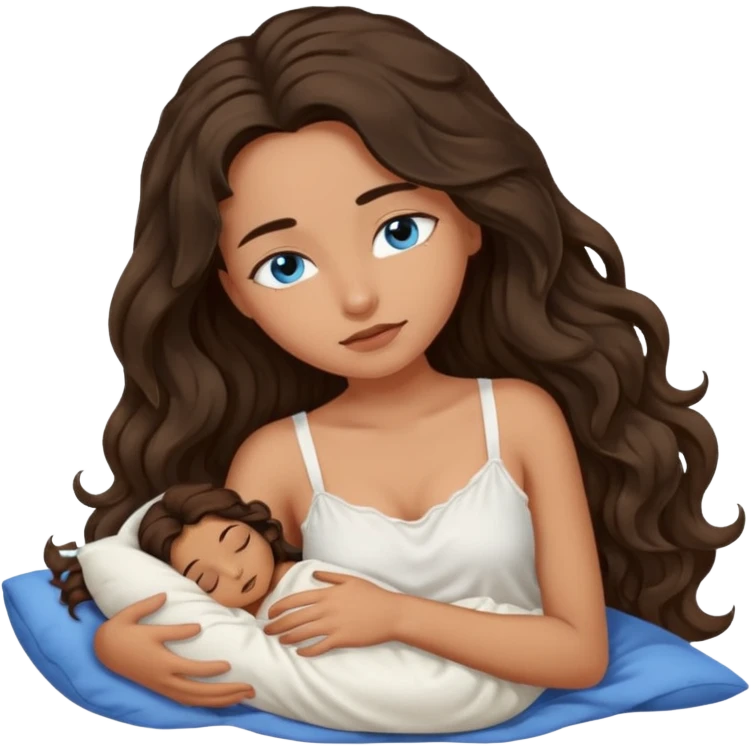 Girl with olive skin, blue eyes, brown dark insanely wavy long hair, white camisole sleeping emoji