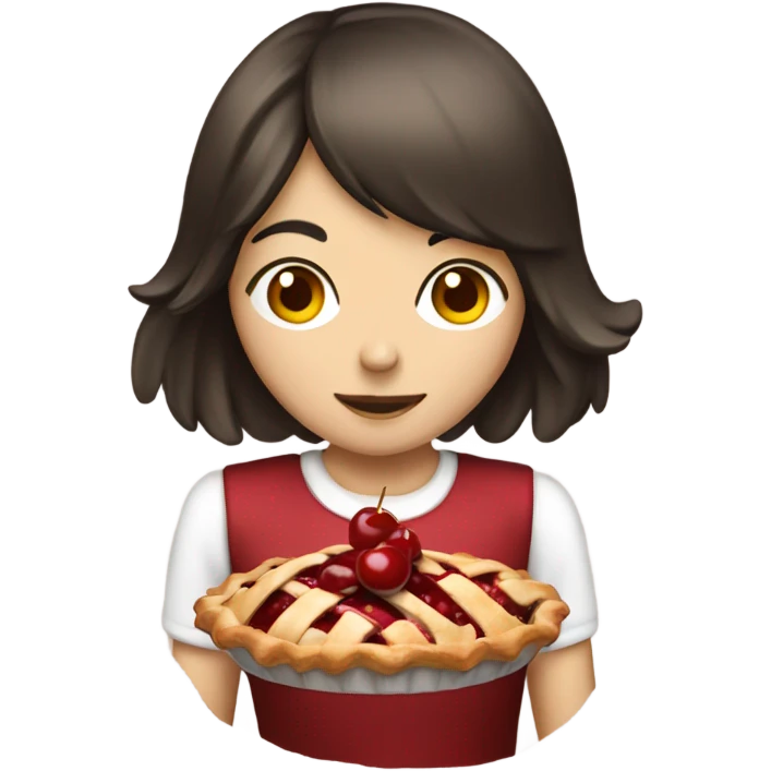 Girl brunette with fringe eating a cherry pie emoji