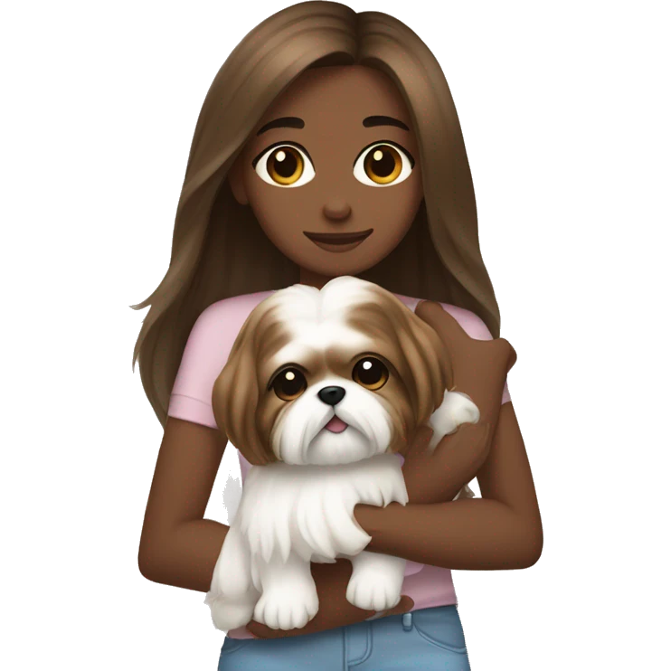 Girl with brown skin with brown long hair, hugging her white Shih tzu emoji