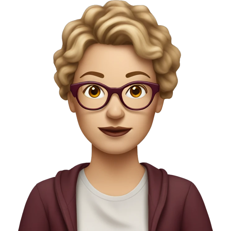 white mom with light brown messy hair, freckles on cheeks and nose, wearing burgundy glasses, holding coffee emoji