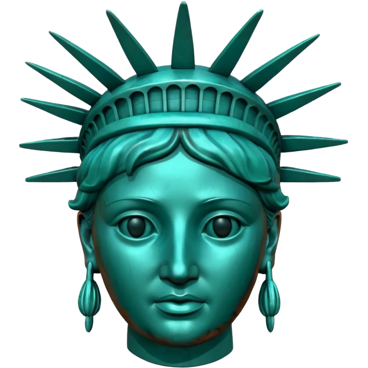 3D render of Statue of Liberty Head, heavily oxidized copper texture, verdigris patina, Classic teal copper texture, weathered bronze aesthetic, ancient decay, Apple emoji style, isolated on white background --v 6.0. emoji