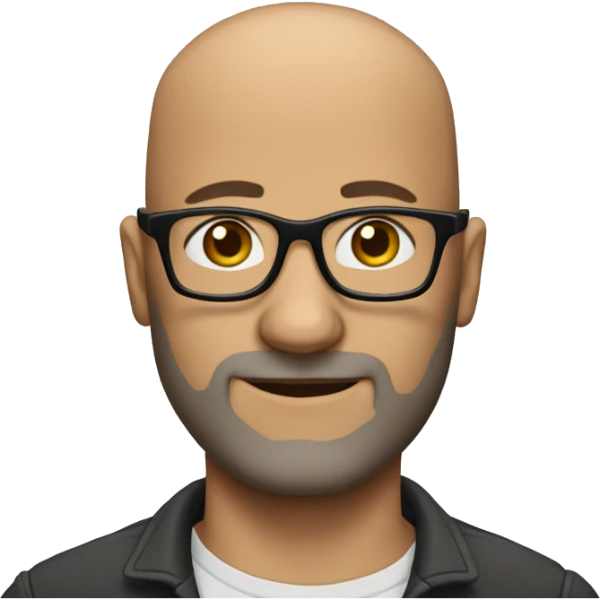 45 year old bald man with glasses and shaved beard emoji