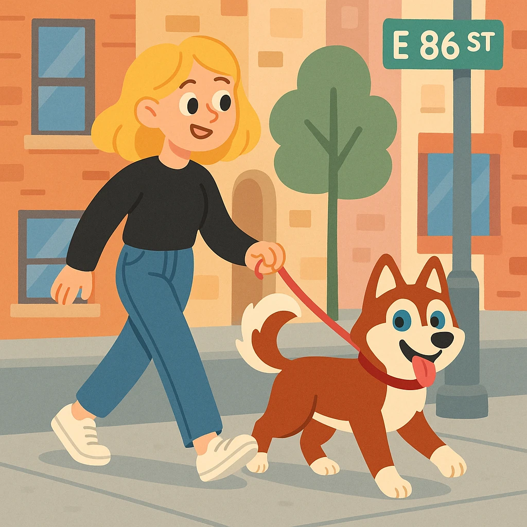 Cute Blonde woman wearing a black sweater and jeans and white sneakers walking a happy red-brown blue-eyed Siberian husky in New York City on an upper east side city sidewalk  emoji