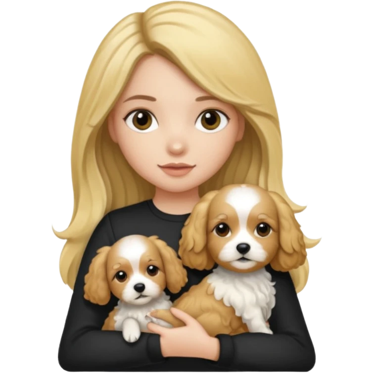 Make a girl with brunette/black straight long hair holding a blonde cavapoo dog emoji