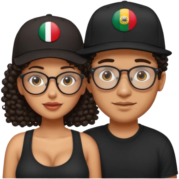 A picture of a cute tanned couple. the man is Mexican, with a bald hair cut wearing a SnapBack hat and a black shirt. the woman is mixed, she has curly longer dark brown hair, thicker and with big boobs and the woman has glasses emoji