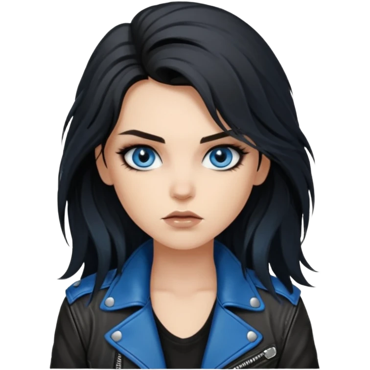 
 rockstar girl with long black disheveled hair, blue eyes, Smokey eyes grunge makeup, rocking  emoji