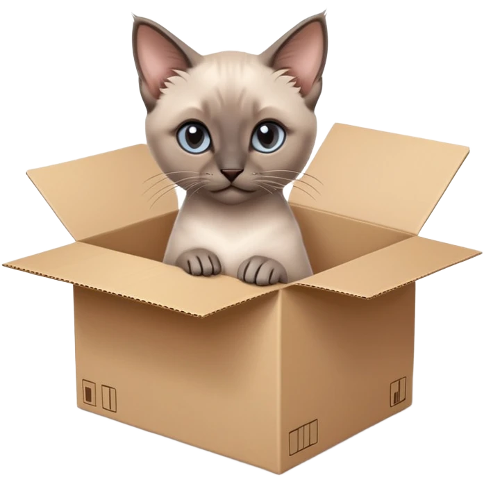  A very cute gery young kitten Siamese Cat cat with one's head tilted to one side poked its paws out of the cardboard big box and placed them on top of it emoji