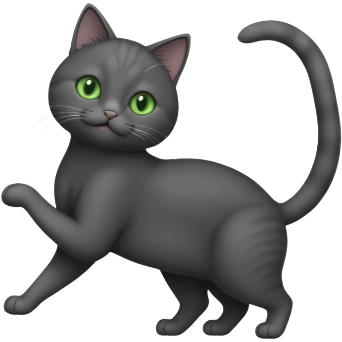 full body gorgeous solid dark grey cat with green eyes, white paws and white whiskers stretching emoji