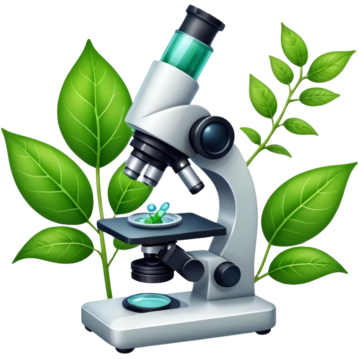 An icon featuring a microscope, a DNA strand, and a plant, symbolizing biology. The design includes animal cells, a leaf, and scientific formulas, representing the study of living organisms and ecosystems. Transparent background highlights biological research and discovery. emoji