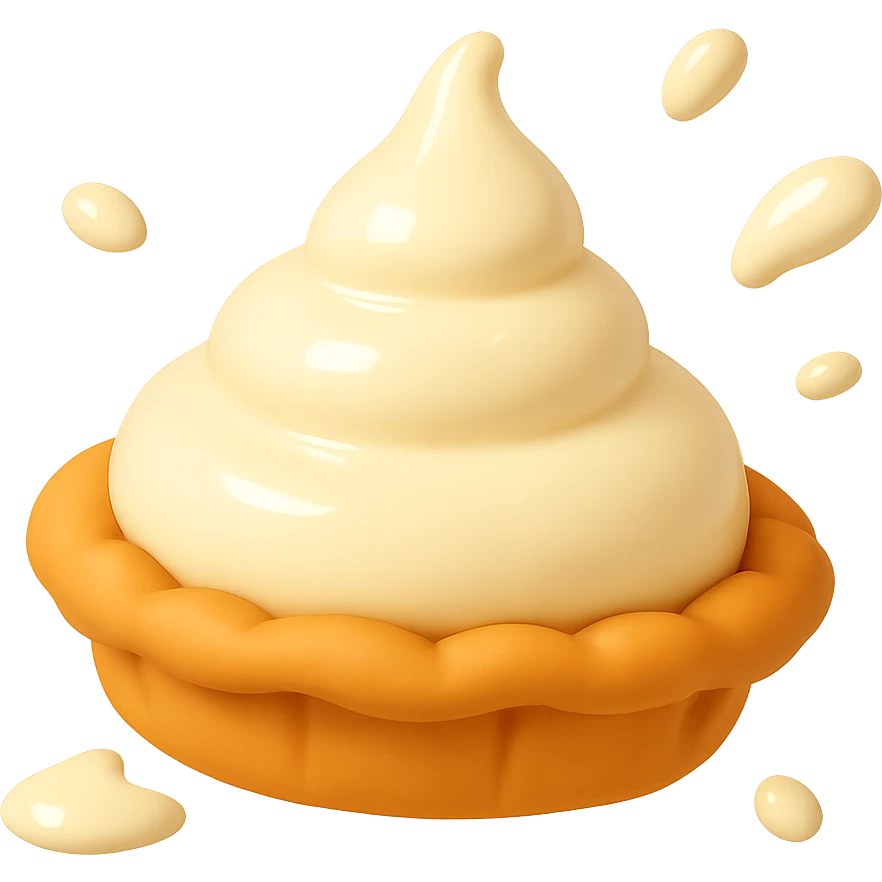 Frame 3 of 15: Intact cream pie, small cream splatter, playful 3D emoji style, golden brown crust, same angle as reference. emoji