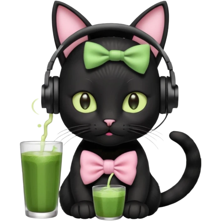 A black cat wearing cute headphones with a glass of matcha, a pink bow on his ear emoji