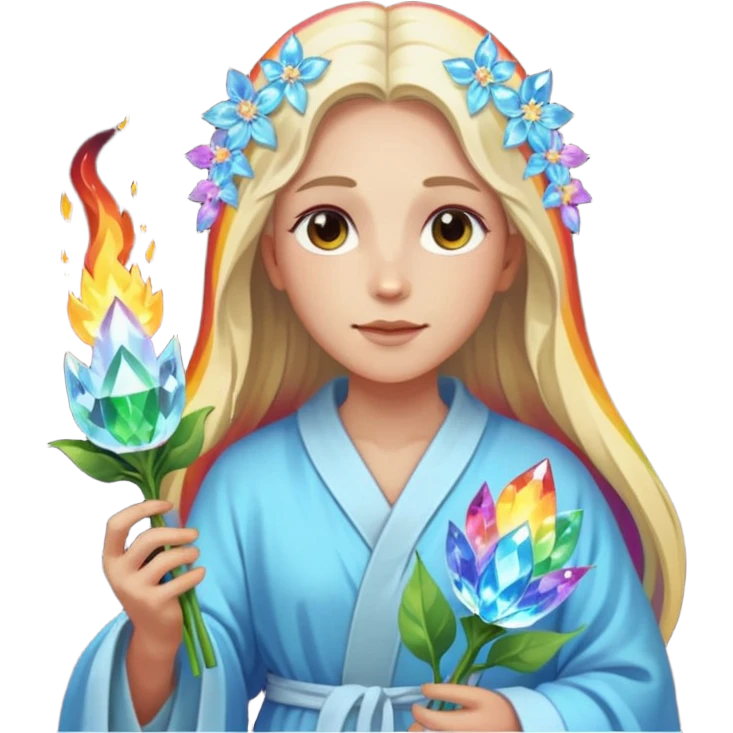 a being made of light pleidian nordic long faces but beautiful features of light with a robe on made of light and who is lanky holding a bouquet of crystal flowers on rainbow fire emoji
