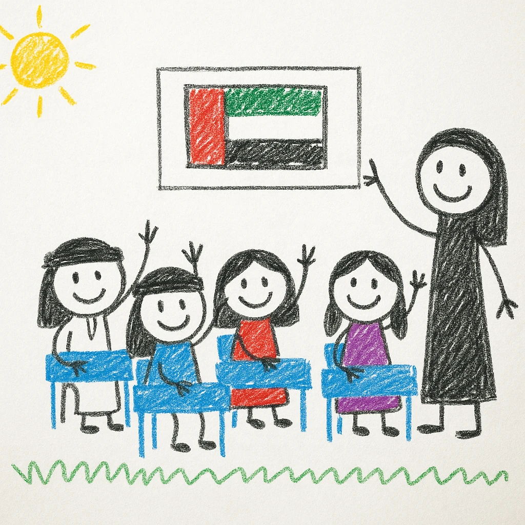 classroom with Emirati children raising hands to answer a question, teacher smiling, UAE flag displayed on a bulletin board, bright and playful style for children emoji
