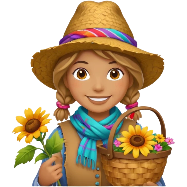 Scarecrow, Smiling face, colorful scarf, flower hat, holding a small basket. emoji