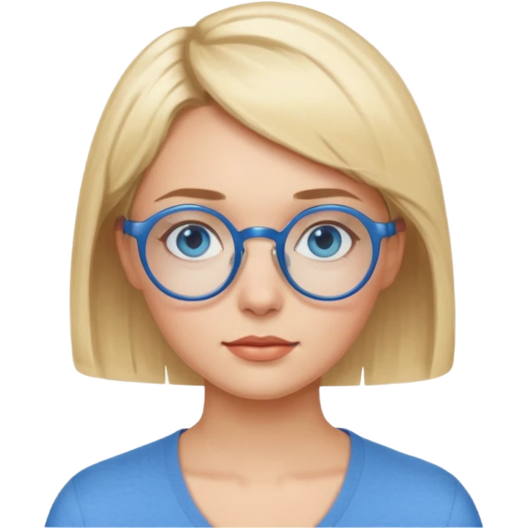 woman with short blonde haire, blue eyes and blue round glasses emoji