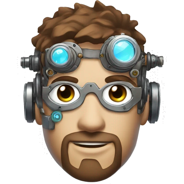 male cyborg head with brown short hair, brown beard, silver steampunk goggles and circuitry emoji