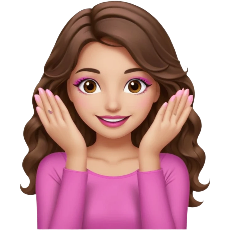 girl with long wavy brown hair, brown eyes, long lashes, sexy pink lips, light to medium complexion, wearing a pink sexy top, smiling, hands covering the eyes emoji