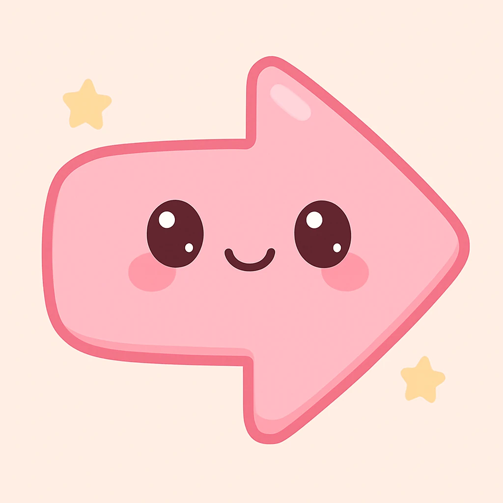 Edit the arrow to point to the right and add a cute kawaii face inside the arrow. Maintain the bubbly pink kawaii style with soft, rounded shapes and adorable facial features. emoji