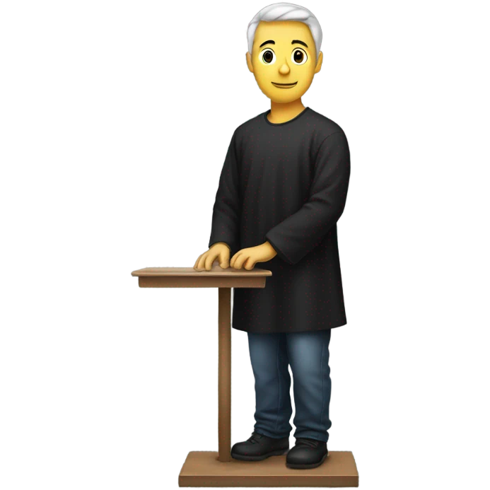 Man in black smock standing on scale emoji