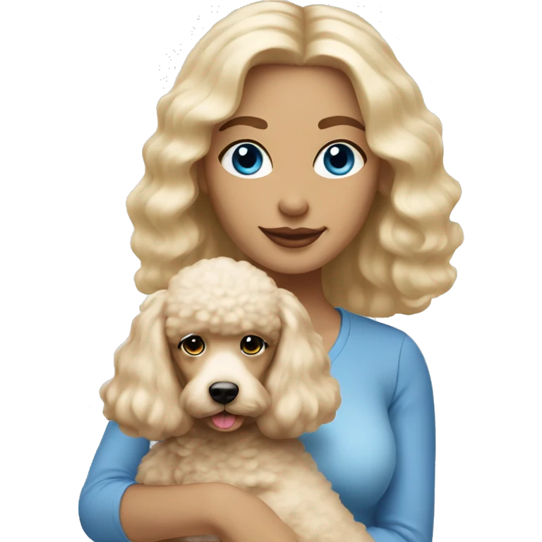 Blonde lady with blue eyes, straight hair  holding poodle puppy cream  emoji