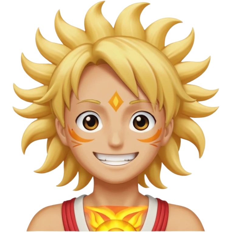 Sun God Nika from One Piece, bright and cheerful, simple facial features, golden hair, wide smile, energetic pose emoji