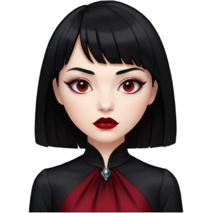 “Emoji girl, porcelain skin, sharp eyeliner, vampy deep red lips, straight jet-black hair with bangs, intense eyes, wearing black silk dress.” emoji