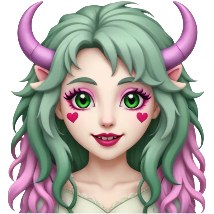 Woman, pink irises, heart pupils, forest green long shaggy hair, light grey skin, ivory horns curving towards forehead, flirty smile, full lips, black lips, cute fangs emoji