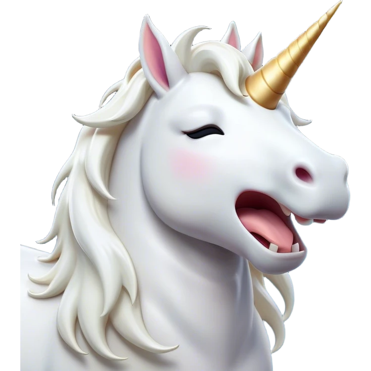 Cinematic Cute Yawning White Unicorn Portrait Emoji, Head tilted slightly with a dramatic, wide-open yawn, showcasing a softly elegant form with a gently cascading mane, a subtly glowing horn and sleepy, half-closed eyes, Simplified yet irresistibly adorable features, highly detailed, glowing with a soft, cozy magical glow, high shine, relaxed yet expressive, stylized with a dash of whimsical enchantment, soft glowing outline, capturing the essence of a drowsy yet affectionate white unicorn that appears ready to stretch and yawn its way out of the screen! emoji