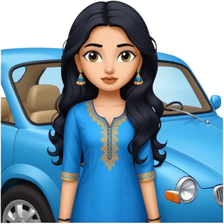 a pretty indian bratz girl with wavy long black hair. wearing a blue kurti, eyeliner on, indian auto behind her emoji