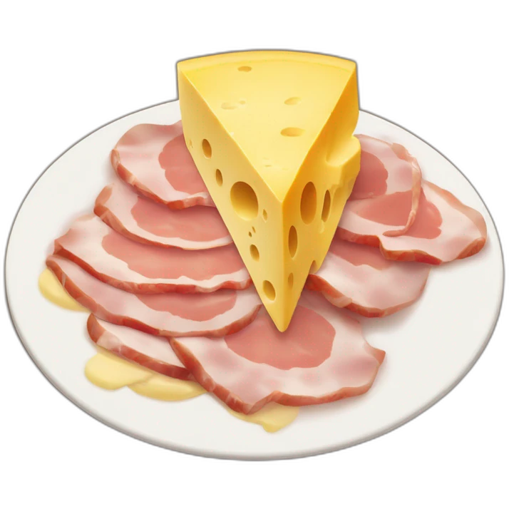 A big Melting raclette cheese in a plate with a little piece of ham and 4 potatoes  emoji