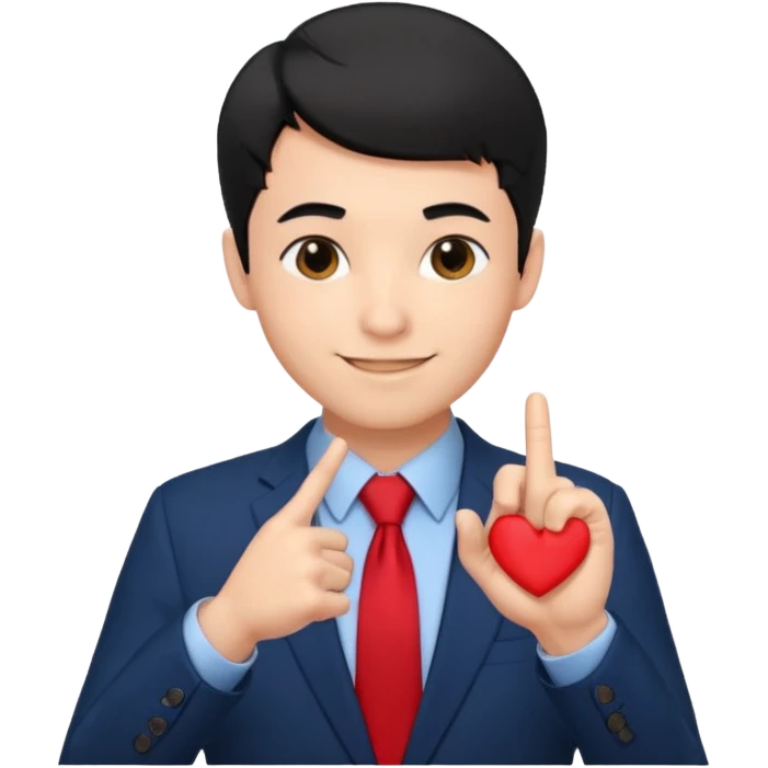 A man in very black short hair with all back hair style, wearing dark blue suit and red tie, making a heart finger emoji