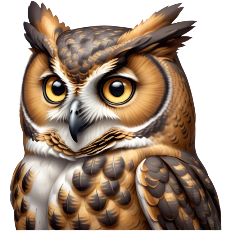 Cinematic Cute Great Horned Owl Portrait Emoji, Head tilted playfully and inquisitively, featuring a lush mottled Fur with intricate patterns of gray and white, round, sparkling golden eyes filled with curious wonder, Simplified yet irresistibly adorable features, highly detailed, glowing with a warm, friendly glow, high shine, affectionate and wise, stylized with a touch of nocturnal whimsy, bright and endearing, soft glowing outline, capturing the essence of a mischievous yet loving owl, so playful it feels like it could glide out of the screen and perch in your arms! emoji