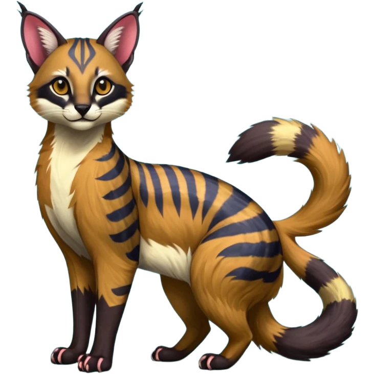 Vibrant-colored colorful painted marked patterned Asian glorious divine exotic cute cool beautiful shiny beautiful fantasy-caracal-civet-genet-sergal-vernid-Cacomistle-oncilla-animal-Fakémon-hybrid-fursona (full body) emoji