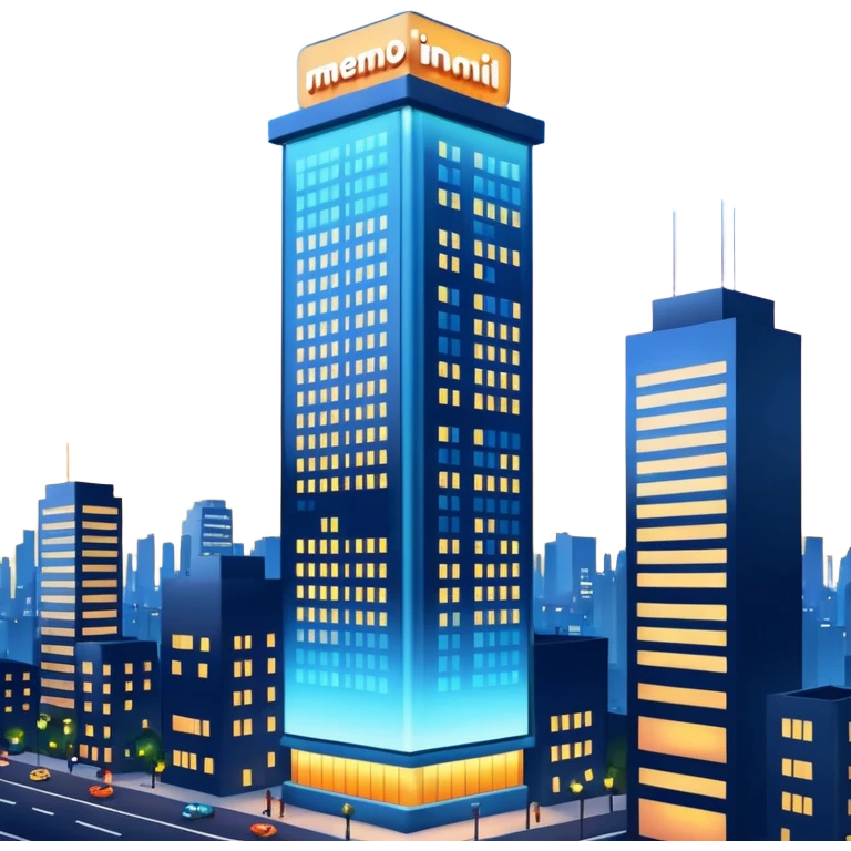 A 3D cartoon city billboard mounted on a tall building, glowing lights at dusk, realistic reflections, Memoji-style. emoji