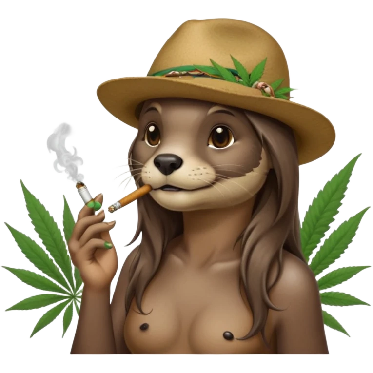a female otter with long hair smoking a joint surrounded by marijuana fumes. a bit california hippy vibe, with tattoos emoji