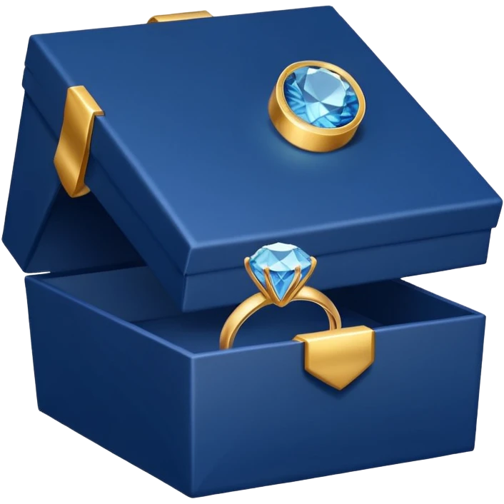 A dark blue gift box for jewelry containing a gold ring with a diamond emoji